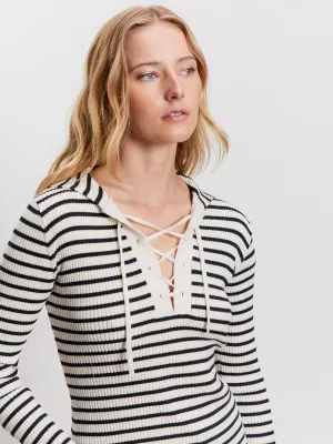 Light Style Everyday Fashion Look Lace Up Popover Sweater Black Macrame Stripe
