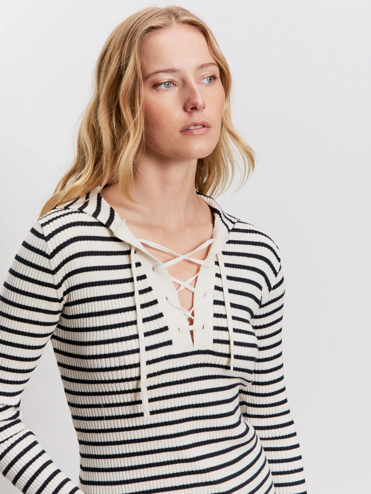 Light Style Everyday Fashion Look Lace Up Popover Sweater Black Macrame Stripe