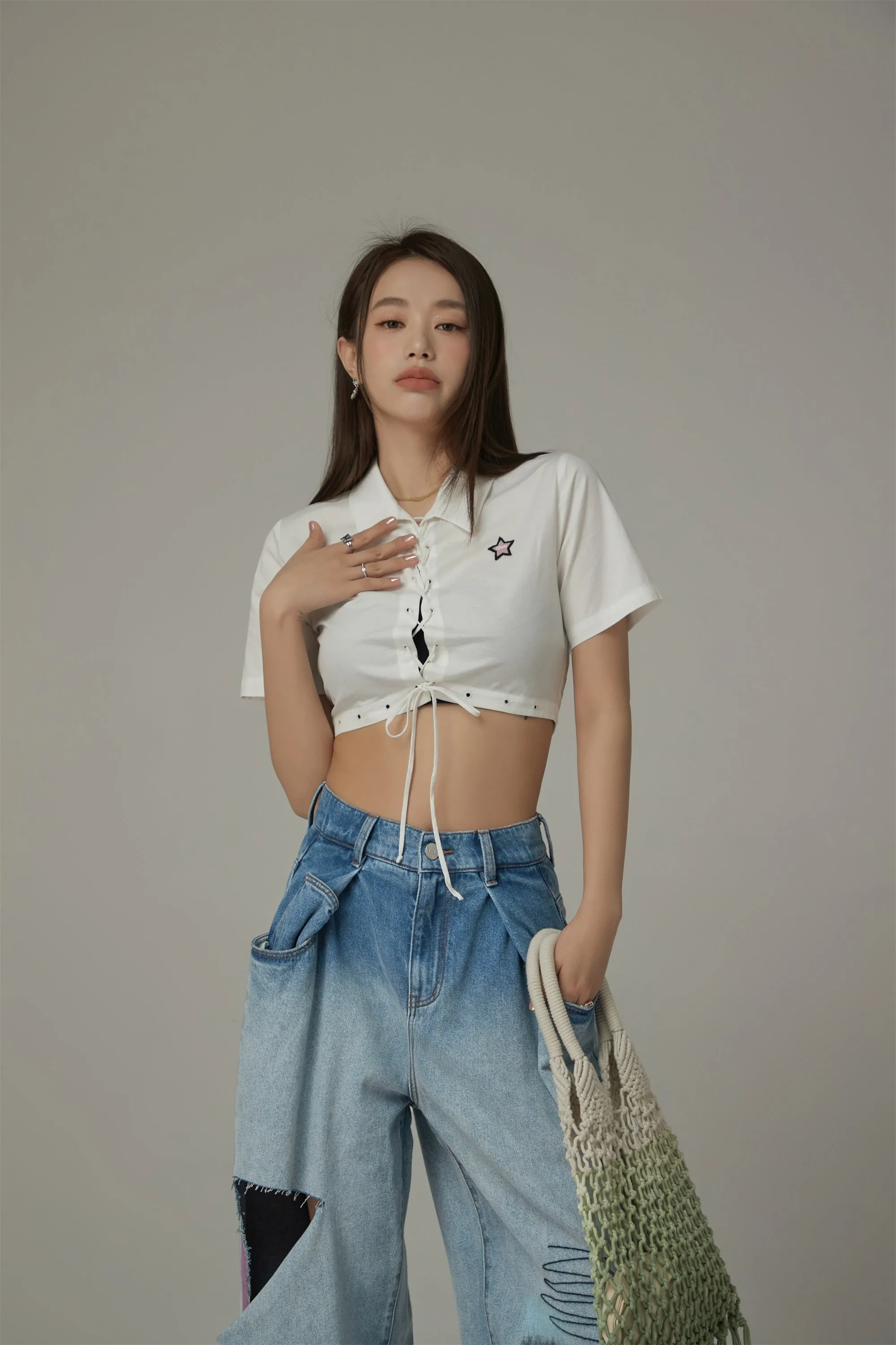 Lace Up Star Cropped Shirt