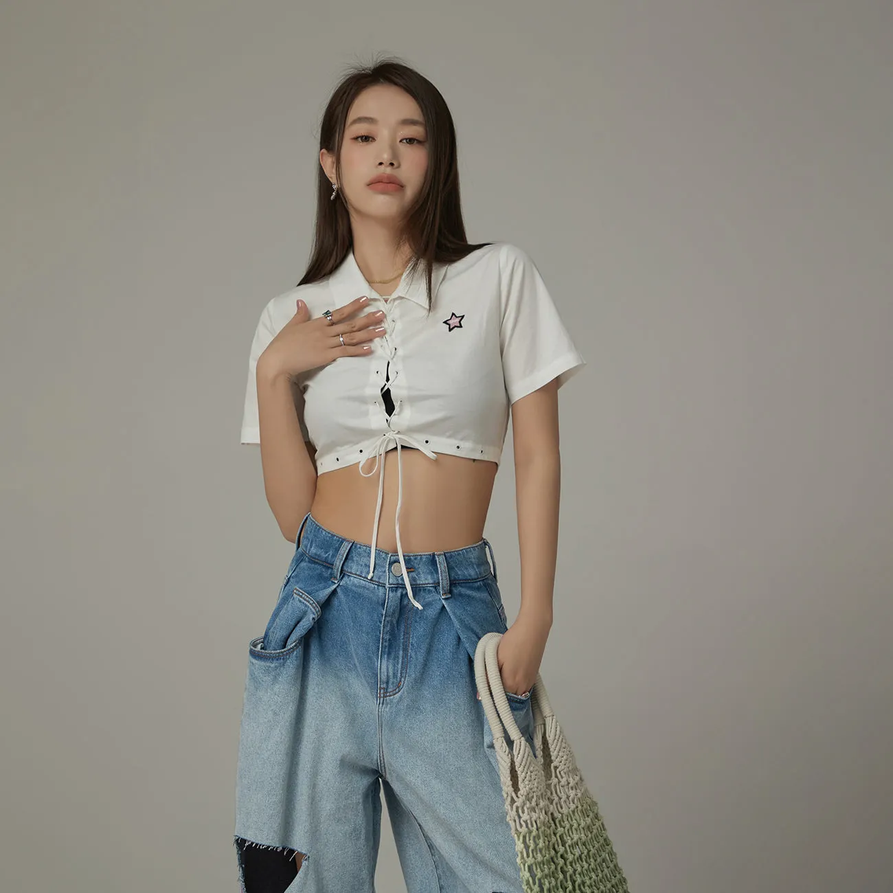 Lace Up Star Cropped Shirt