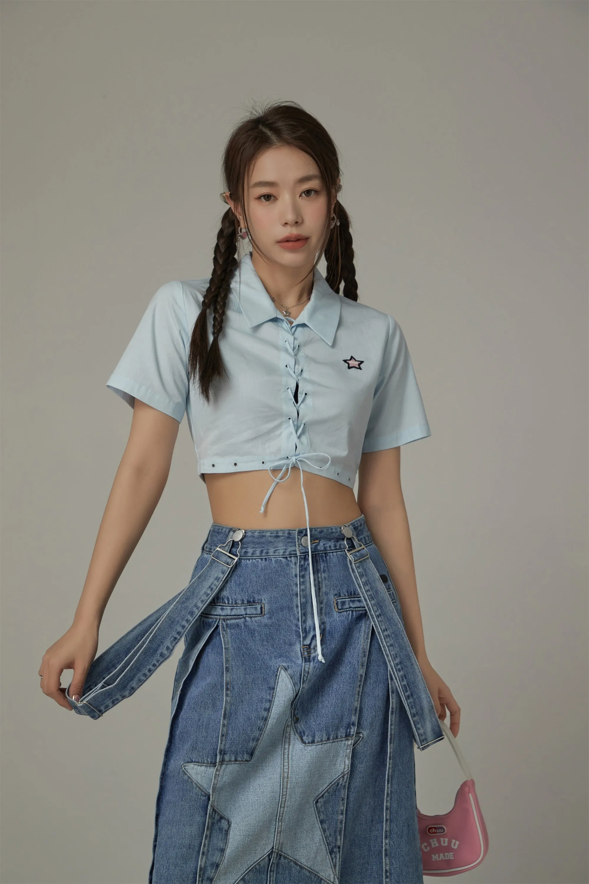 Lace Up Star Cropped Shirt