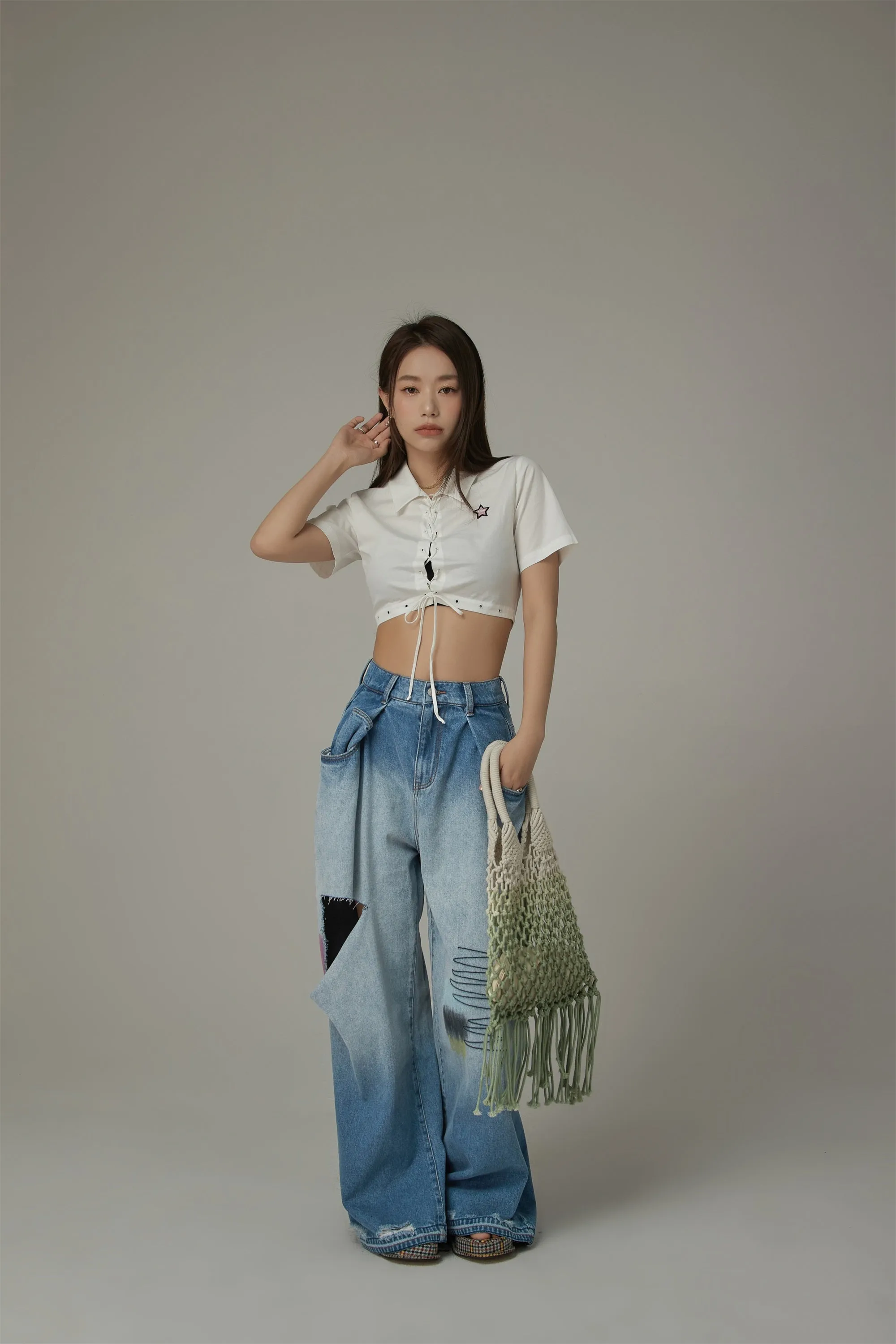 Lace Up Star Cropped Shirt