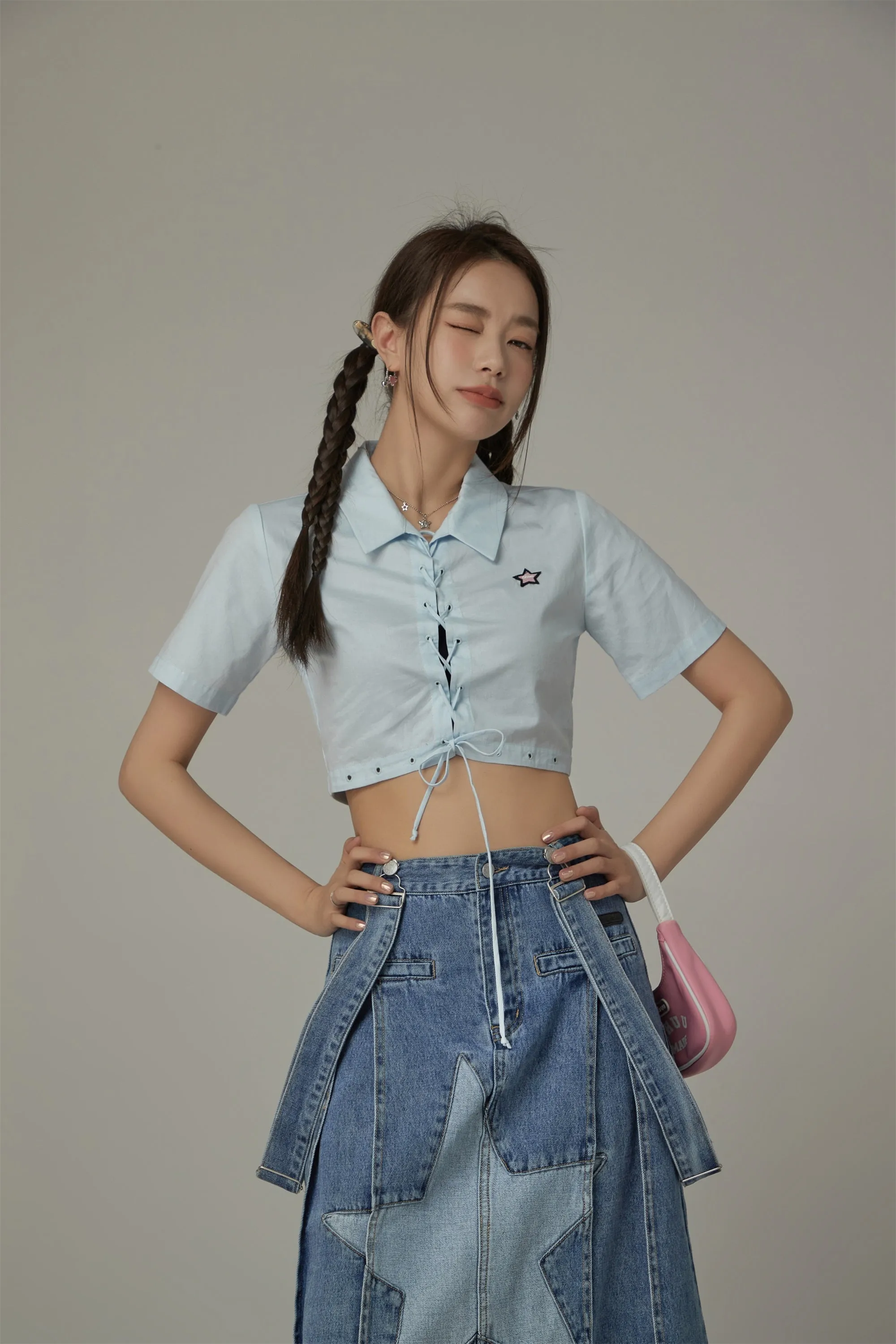 Lace Up Star Cropped Shirt