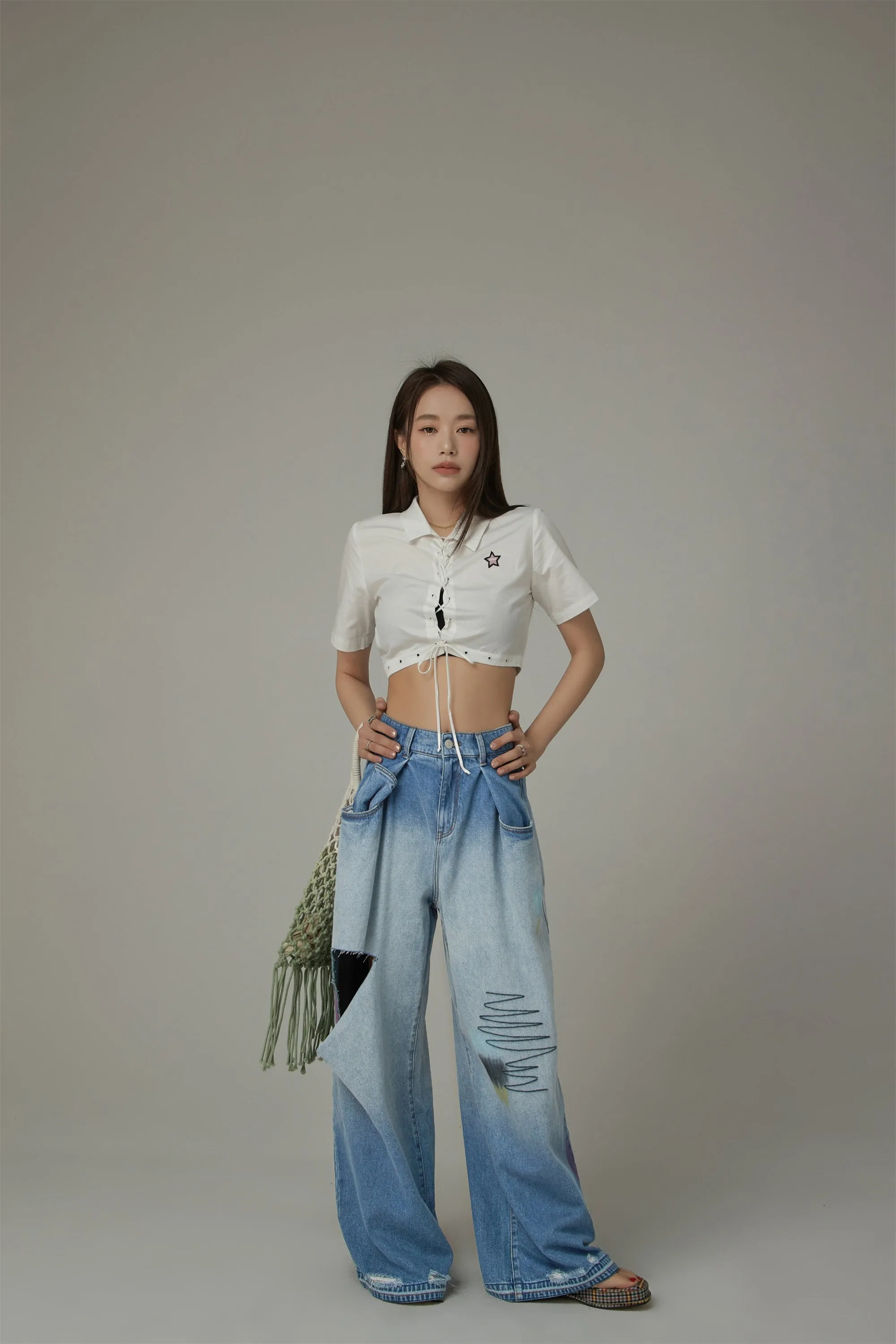 Lace Up Star Cropped Shirt