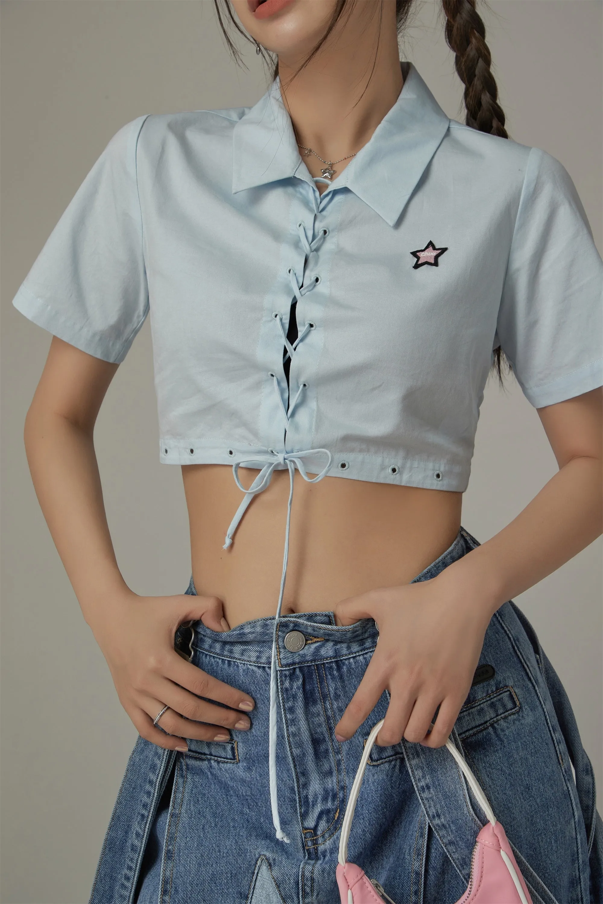 Lace Up Star Cropped Shirt