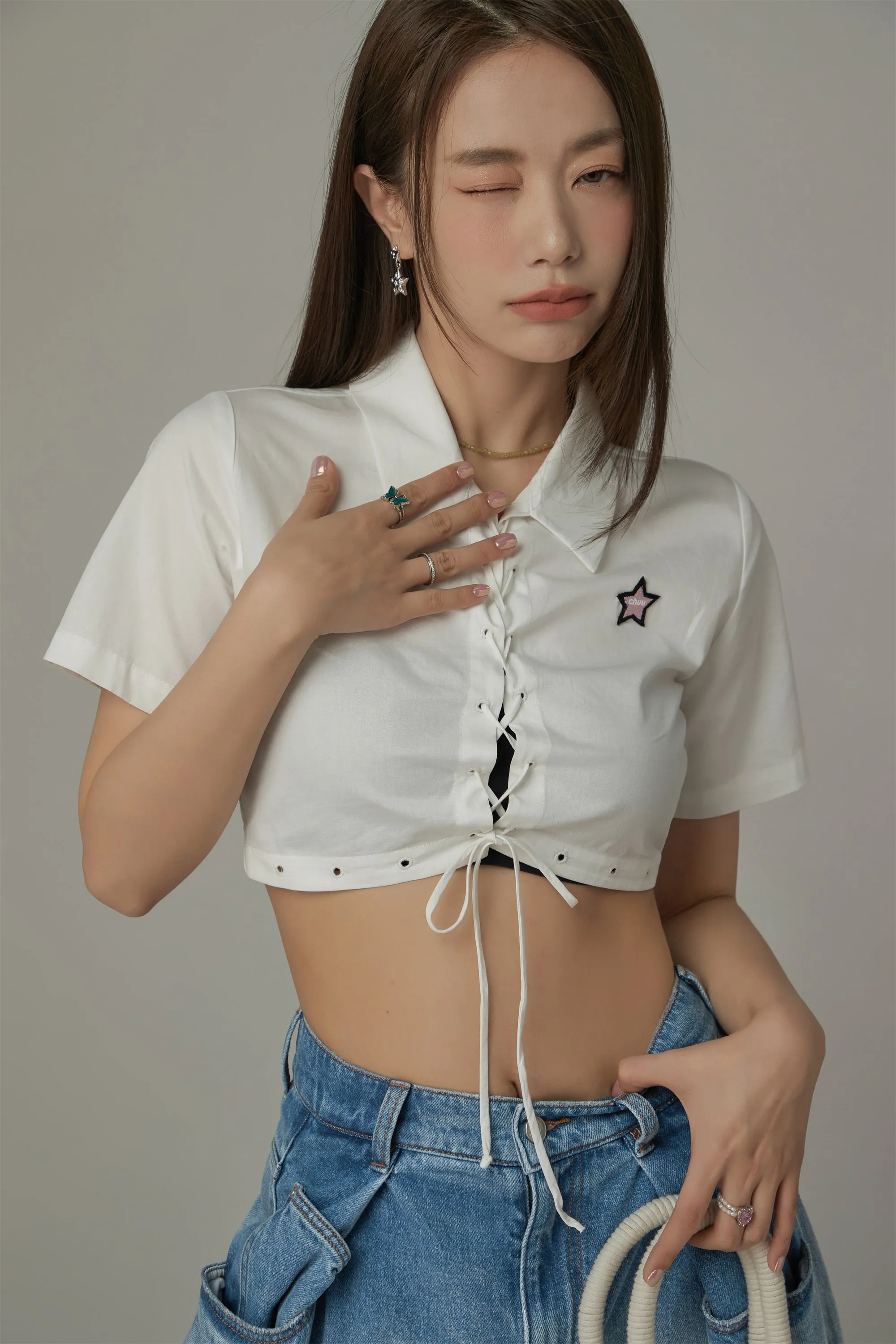 Lace Up Star Cropped Shirt