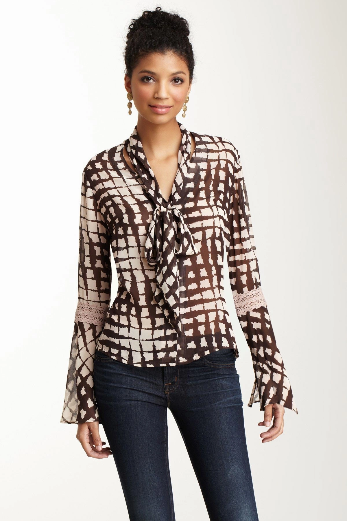 Lace Sleeve Scarf Shirt - Brown / Pink DurableCollarStays