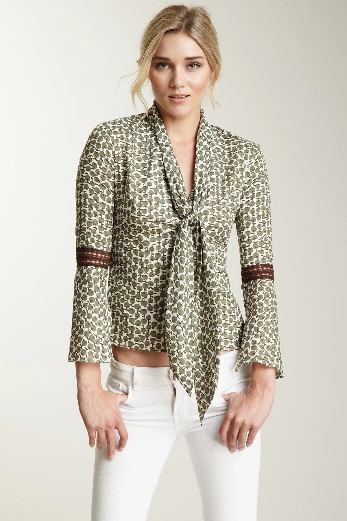 Lace Sleeve Scarf Shirt - Green Apple Print LongLastingDurability