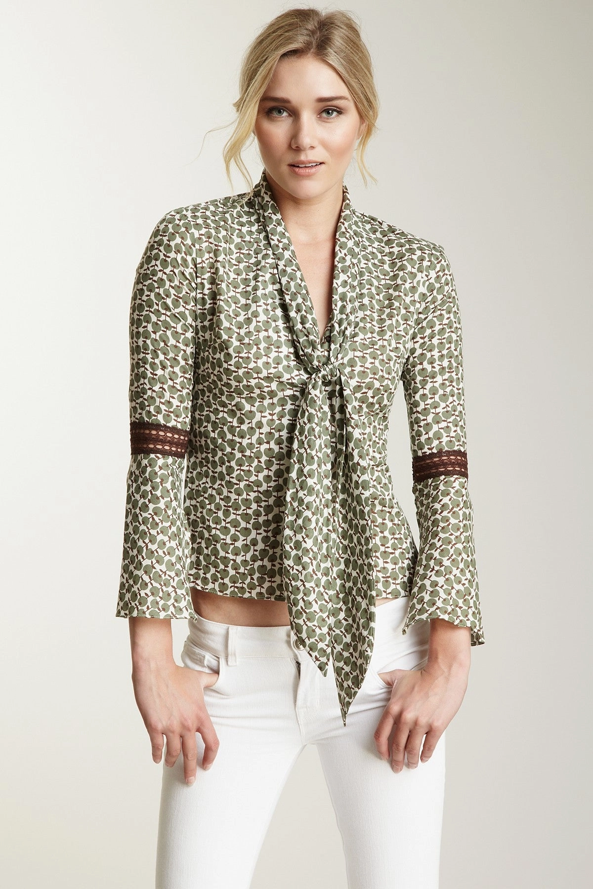 Lace Sleeve Scarf Shirt - Green Apple Print LowProfileSeams Temperature Regulating Textile