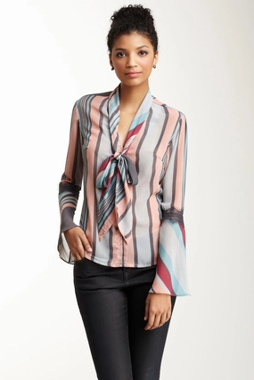Lace Sleeve Scarf Shirt - Grey Turquoise LowProfileDesign EasyCareMaterial