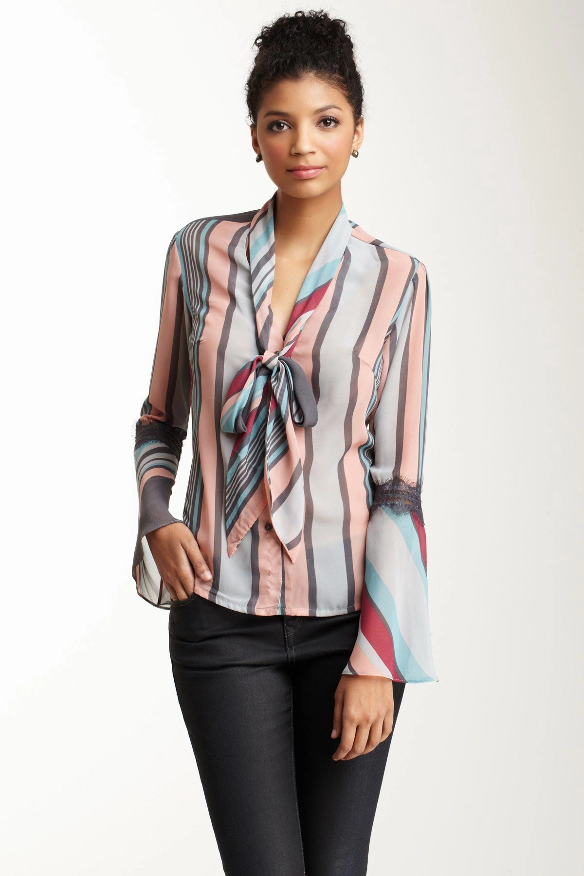 Lace Sleeve Scarf Shirt - Grey Turquoise HighStretch