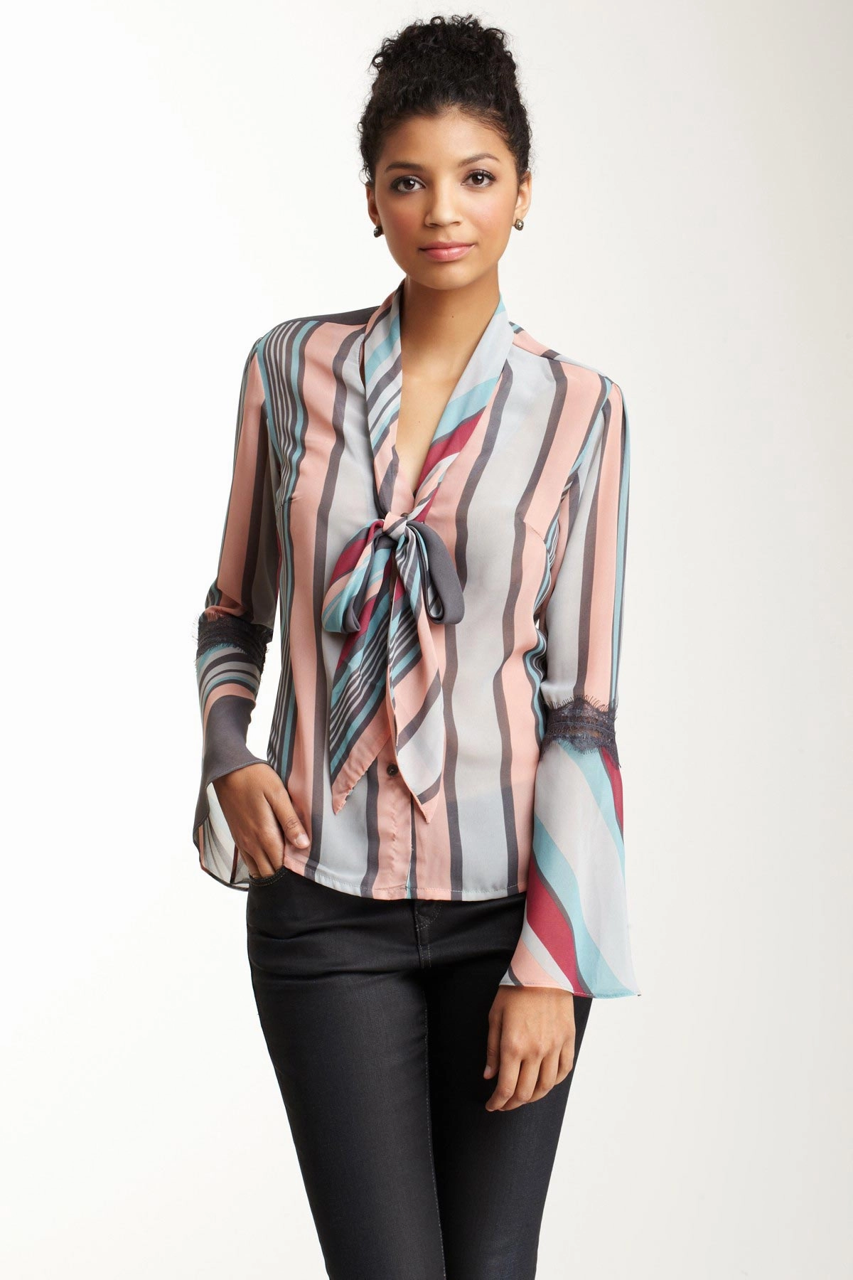 Lace Sleeve Scarf Shirt - Grey Turquoise NonToxic Certification Classic Cut