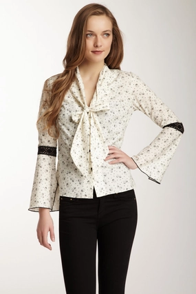 Comfortable Look Lace Sleeve Scarf Shirt - Ivory / Black Ditsy Dot Print