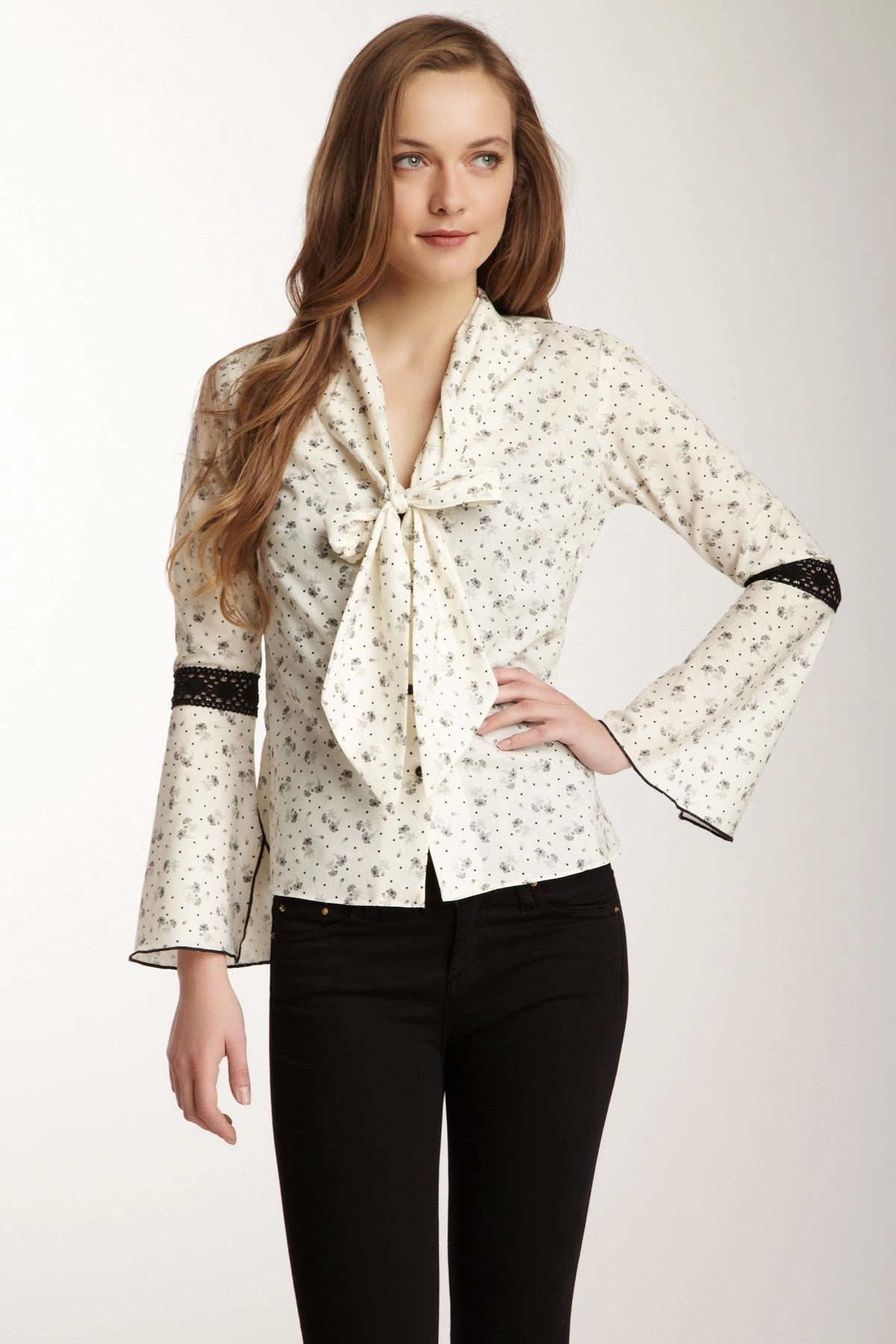 FlexibleWaistband Lace Sleeve Scarf Shirt - Ivory / Black Ditsy Dot Print