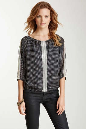Lace Trim Dolman Sleeve Top - Mini Black / White Dot BrushedInnerSurface Formal Blouse
