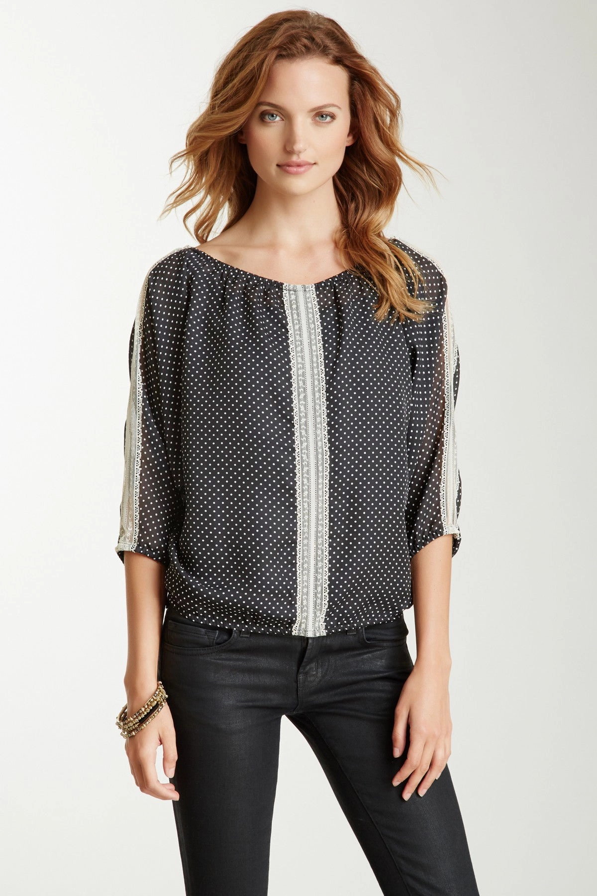 VentilatedMeshPaneling Lace Trim Dolman Sleeve Top - Mini Black / White Dot