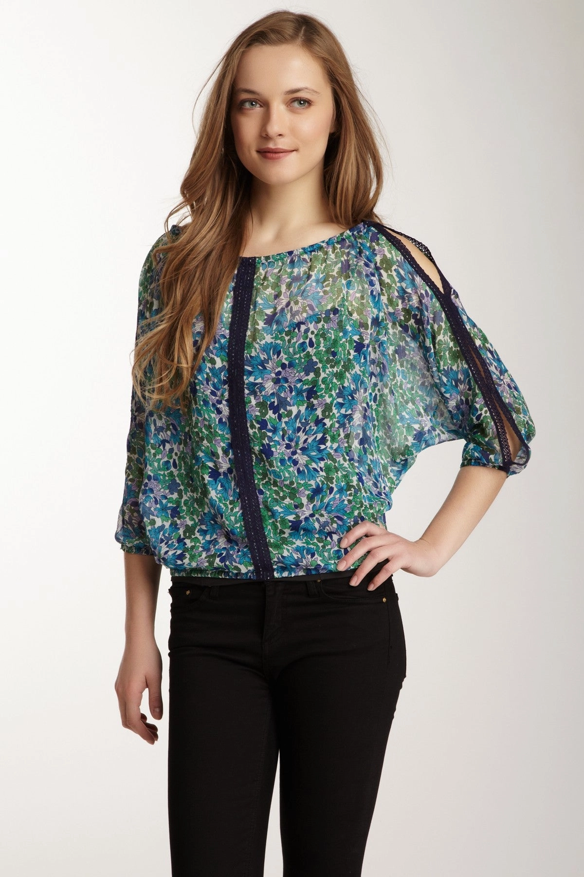 AllPurposeWear Lace Trim Dolman Sleeve Top - Turquoise / Lavender Berries