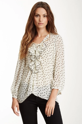 MidweightJersey Lace Up Ruffle Top - Cream/Black Dot