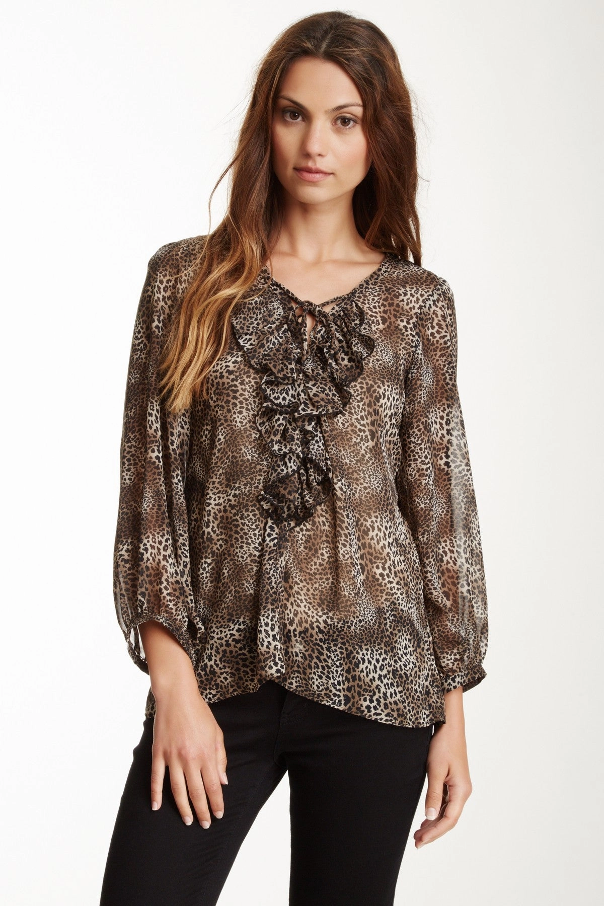 Anti Static Weave Technology Lace Up Ruffle Top - Dark Leopard Print