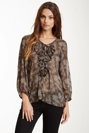 Anti Static Weave Technology Lace Up Ruffle Top - Dark Leopard Print