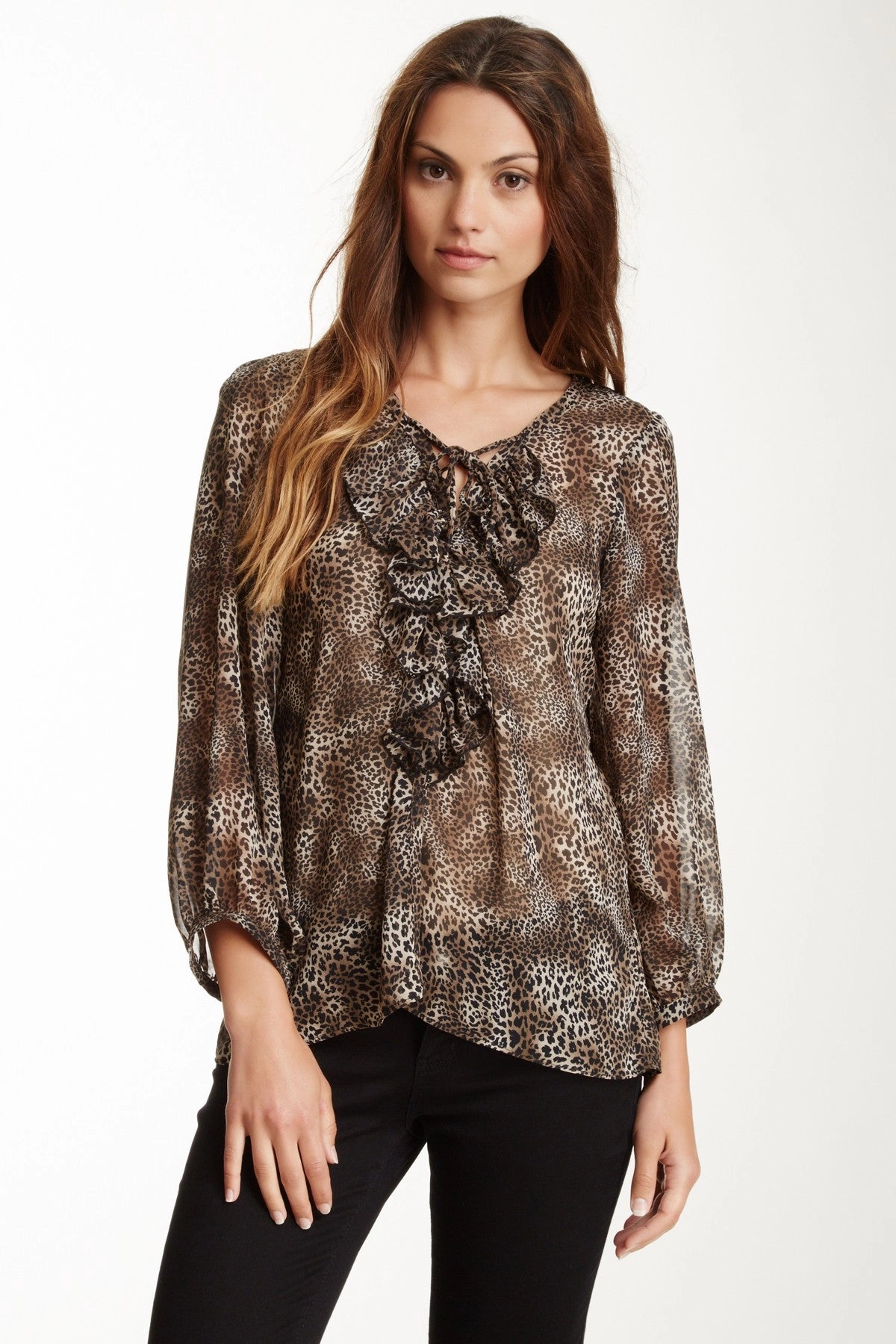 Ultraviolet Protection Finish Lace Up Ruffle Top - Dark Leopard Print