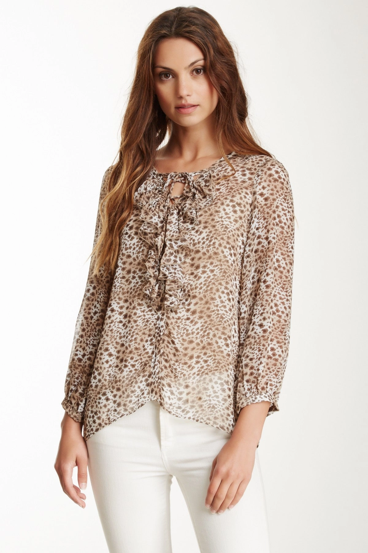 Lace Up Ruffle Top - Light Leopard Print Grid Back Panel Flatlock Seam Technique