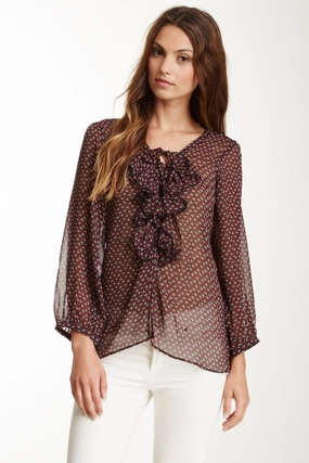 Rubberized grip Lace Up Ruffle Top -Navy/Red Print