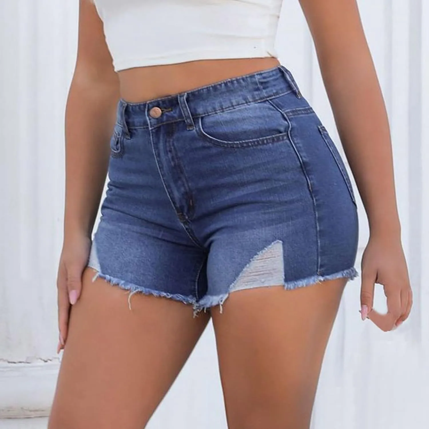 Lady Solid Color Washed Ripped High Waisted Stretch Denim Shorts High Waisted Athletic Shorts Women