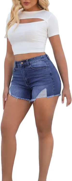 Lady Solid Color Washed Ripped High Waisted Stretch Denim Shorts High Waisted Athletic Shorts Women