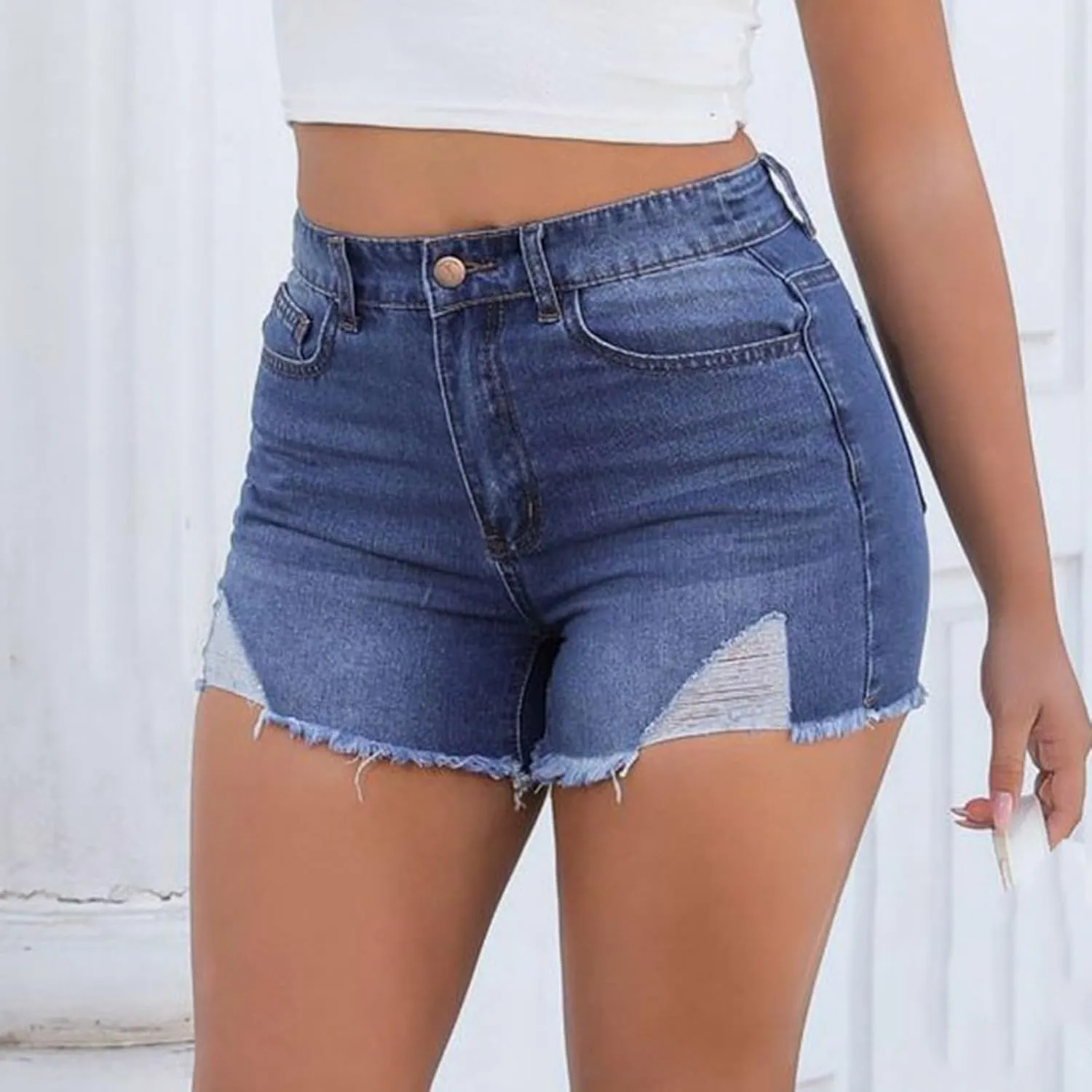 Lady Solid Color Washed Ripped High Waisted Stretch Denim Shorts High Waisted Athletic Shorts Women