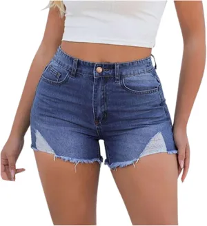 Lady Solid Color Washed Ripped High Waisted Stretch Denim Shorts High Waisted Athletic Shorts Women