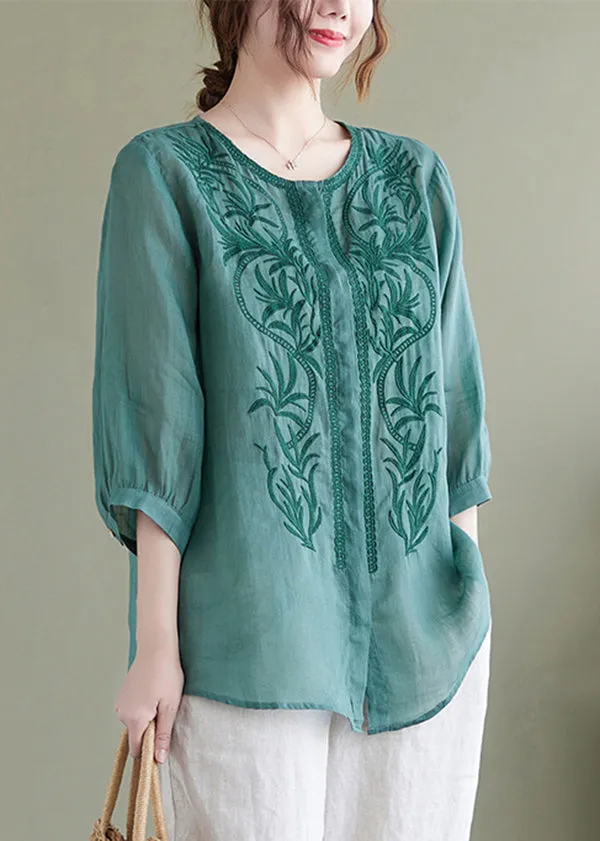 Lake Green Loose Linen Blouse Tops Embroideried Bracelet Sleeve LY7301