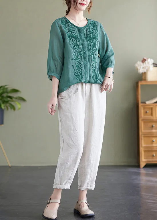 Lake Green Loose Linen Blouse Tops Embroideried Bracelet Sleeve LY7301