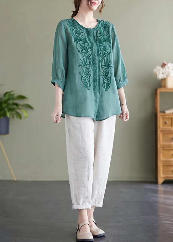 Lake Green Loose Linen Blouse Tops Embroideried Bracelet Sleeve LY7301