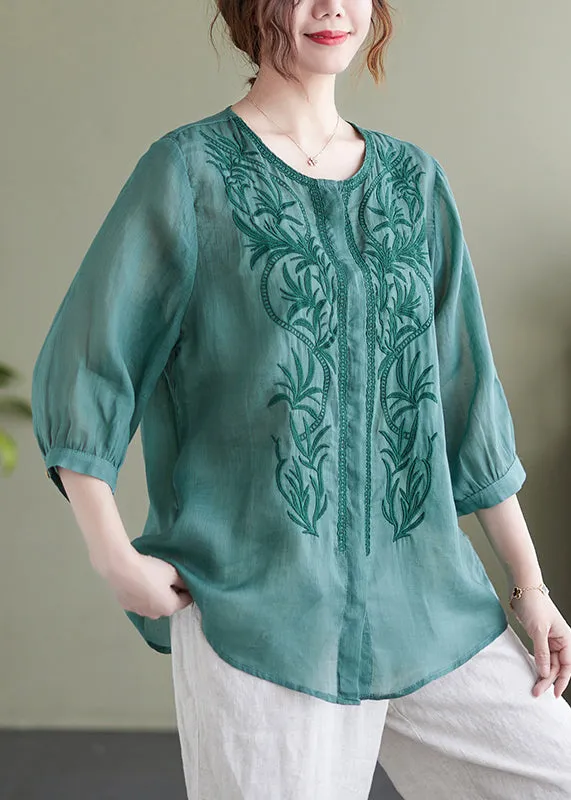 Lake Green Loose Linen Blouse Tops Embroideried Bracelet Sleeve LY7301