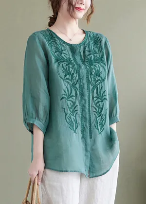 Lake Green Loose Linen Blouse Tops Embroideried Bracelet Sleeve LY7301