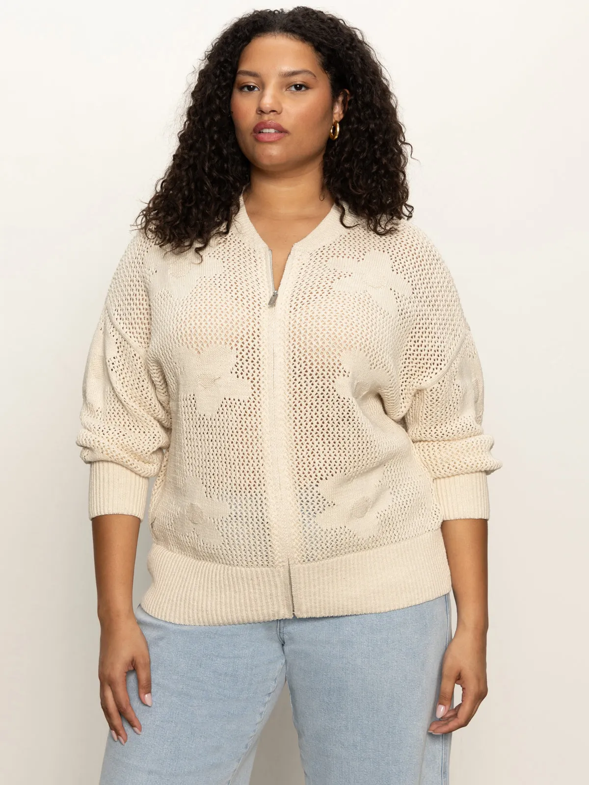 Flower Pop Open Stitch Jacket Eco Natural Extended Sizing ZipperClosure