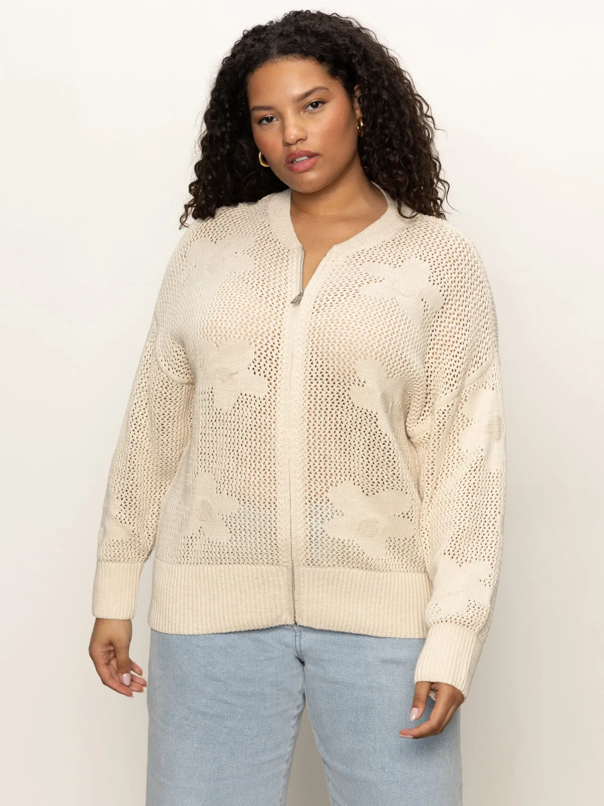 Flower Pop Open Stitch Jacket Eco Natural Extended Sizing High Neckline