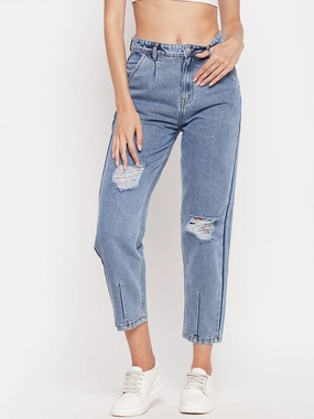 Madame High-Distressed Calf-Length Slim Light Blue Jeans Daily Go