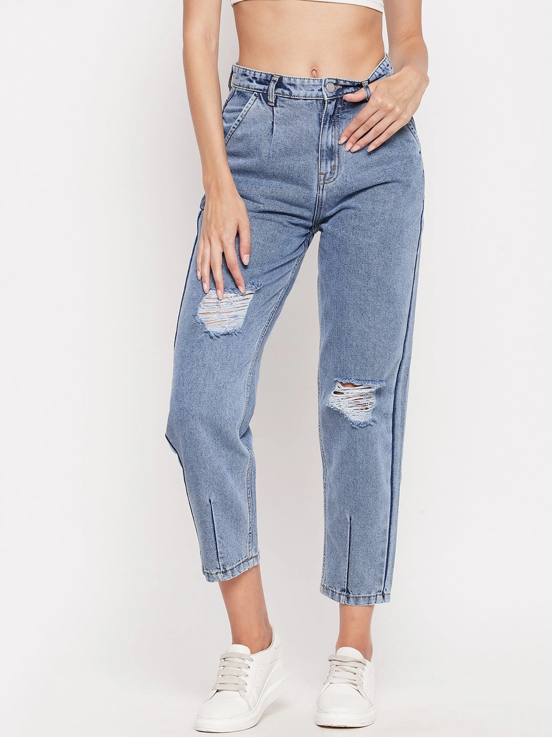 Madame High-Distressed Calf-Length Slim Light Blue Jeans Daily Go