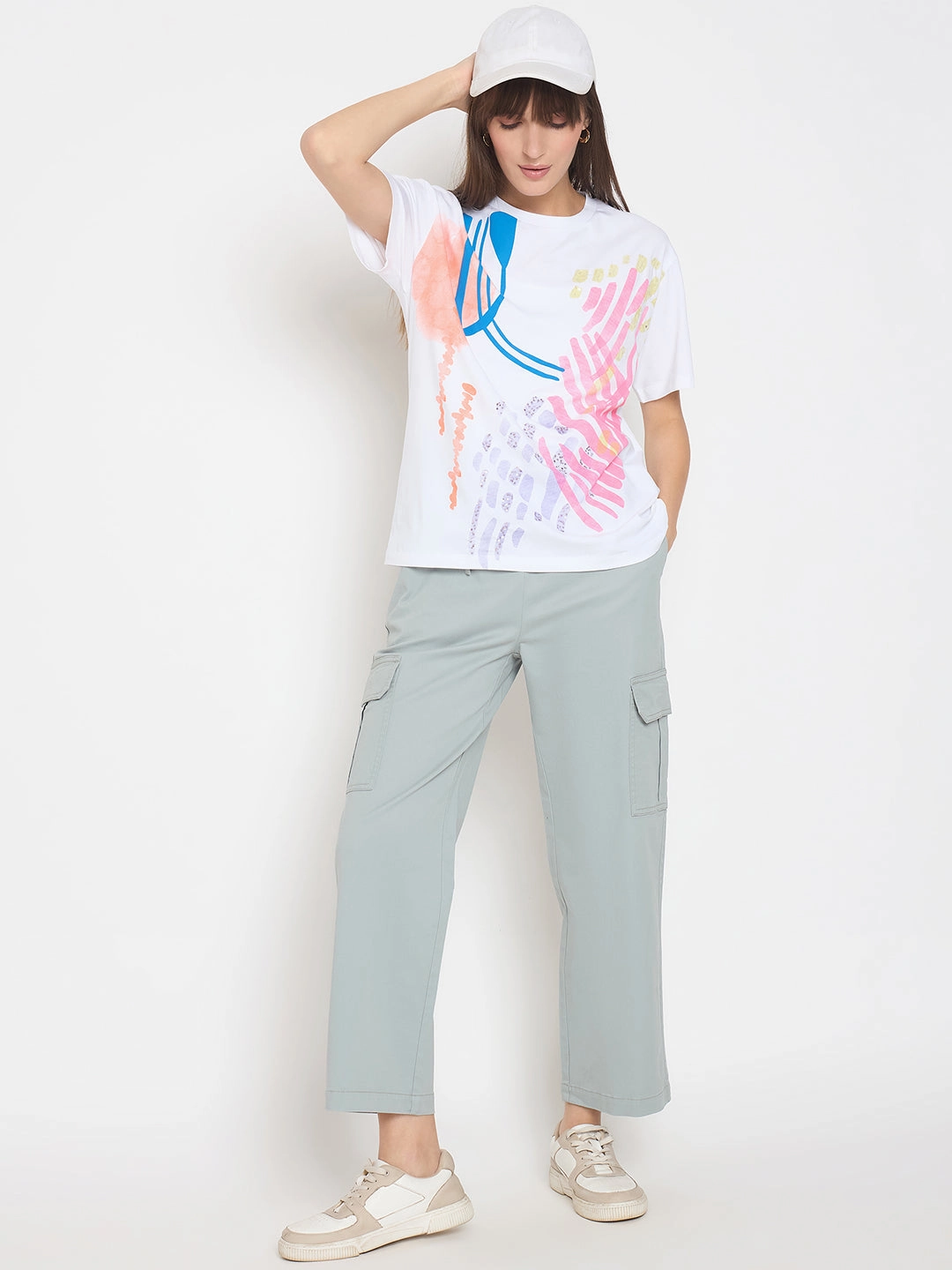 Madame Cotton Straight Grey Cargo Pants Drop Shoulder Cut