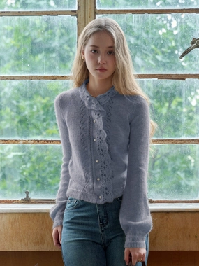 Lauren Wavy Collar Hollow Knit Cardigan Crew Neckline Four Way Stretch