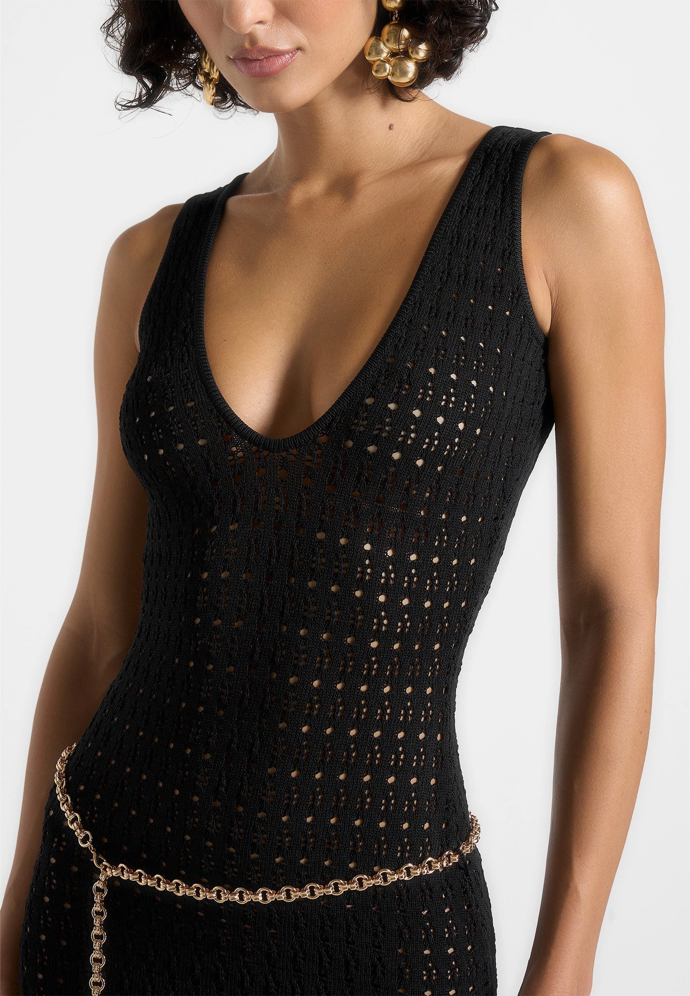 Myriam - Pointelle Plunge Midaxi Dress With Chain - Black Office Trend