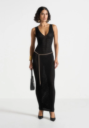 Myriam - Pointelle Plunge Midaxi Dress With Chain - Black Odor Resistant Treatment