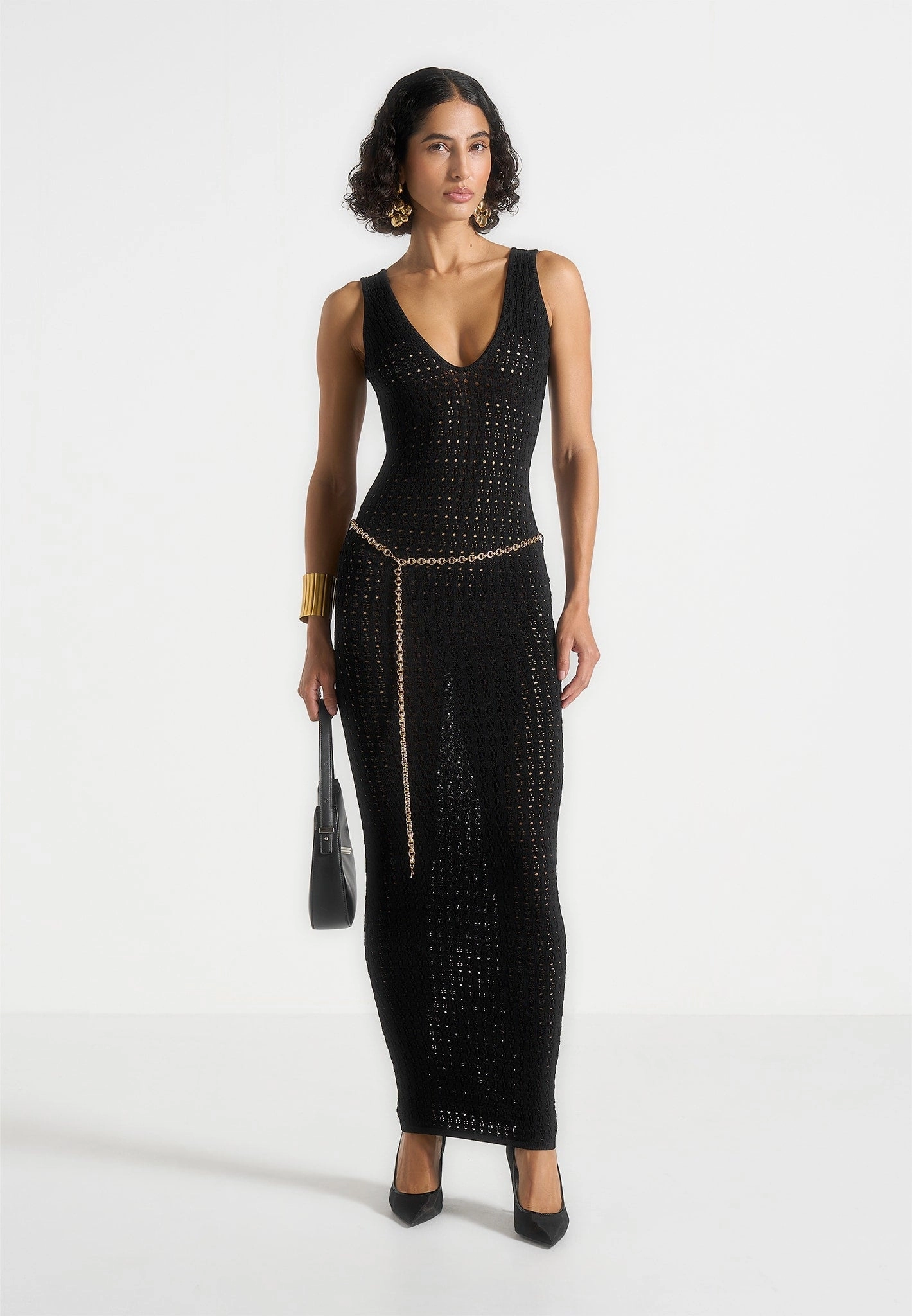 Myriam - Pointelle Plunge Midaxi Dress With Chain - Black Odor Resistant Treatment