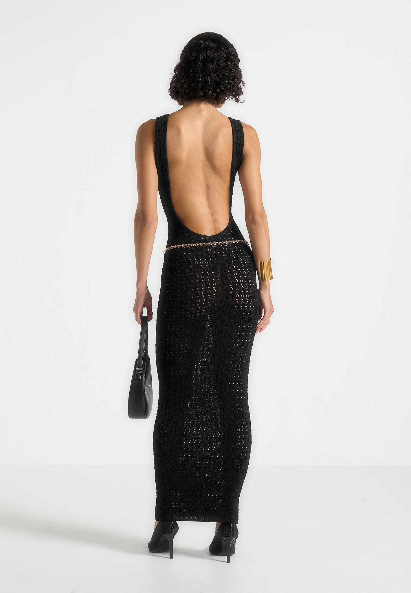 Stay Warm Soft Piece Myriam - Pointelle Plunge Midaxi Dress With Chain - Black