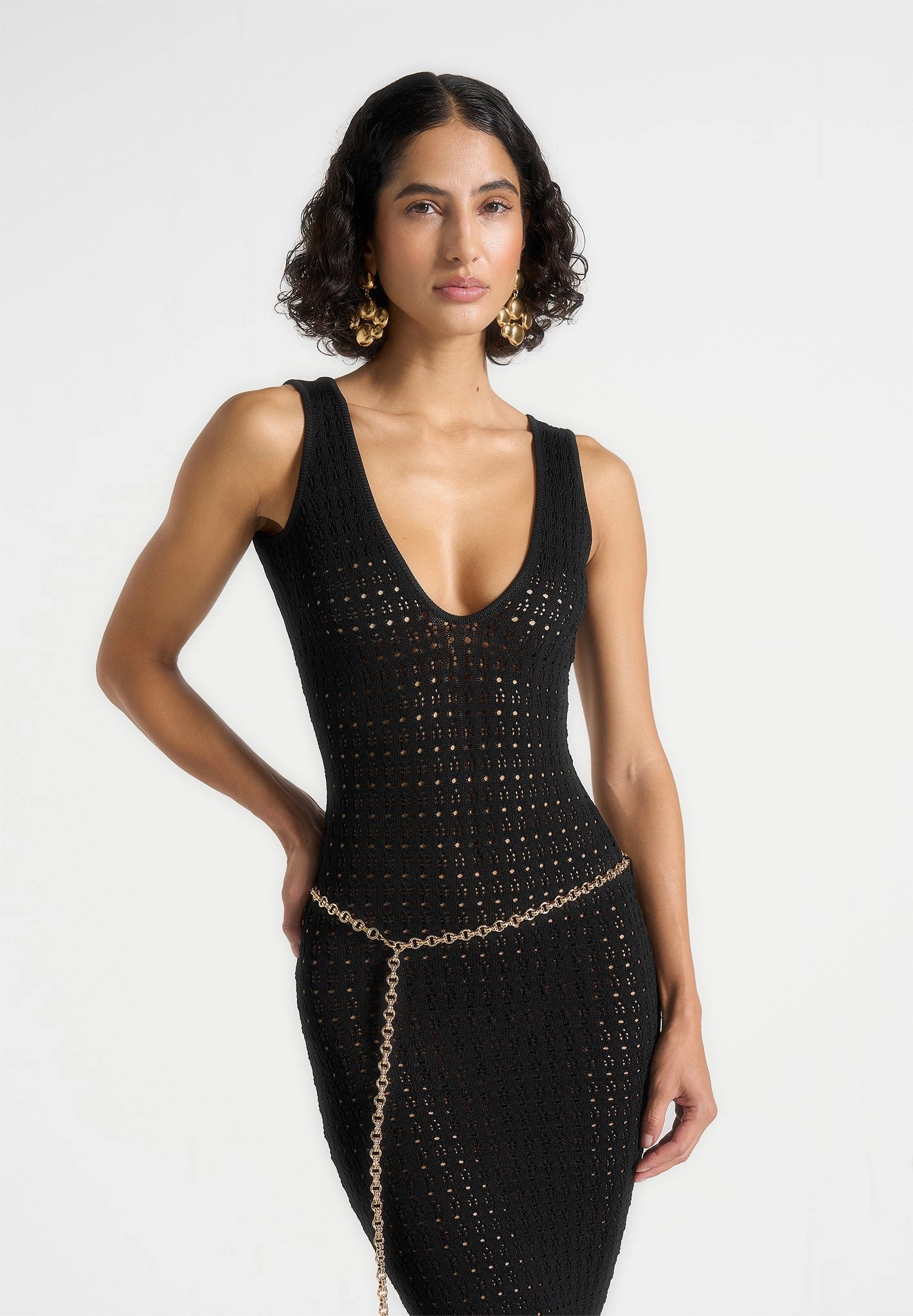 Myriam - Pointelle Plunge Midaxi Dress With Chain - Black Recycled Polyester Thread Airy Piece