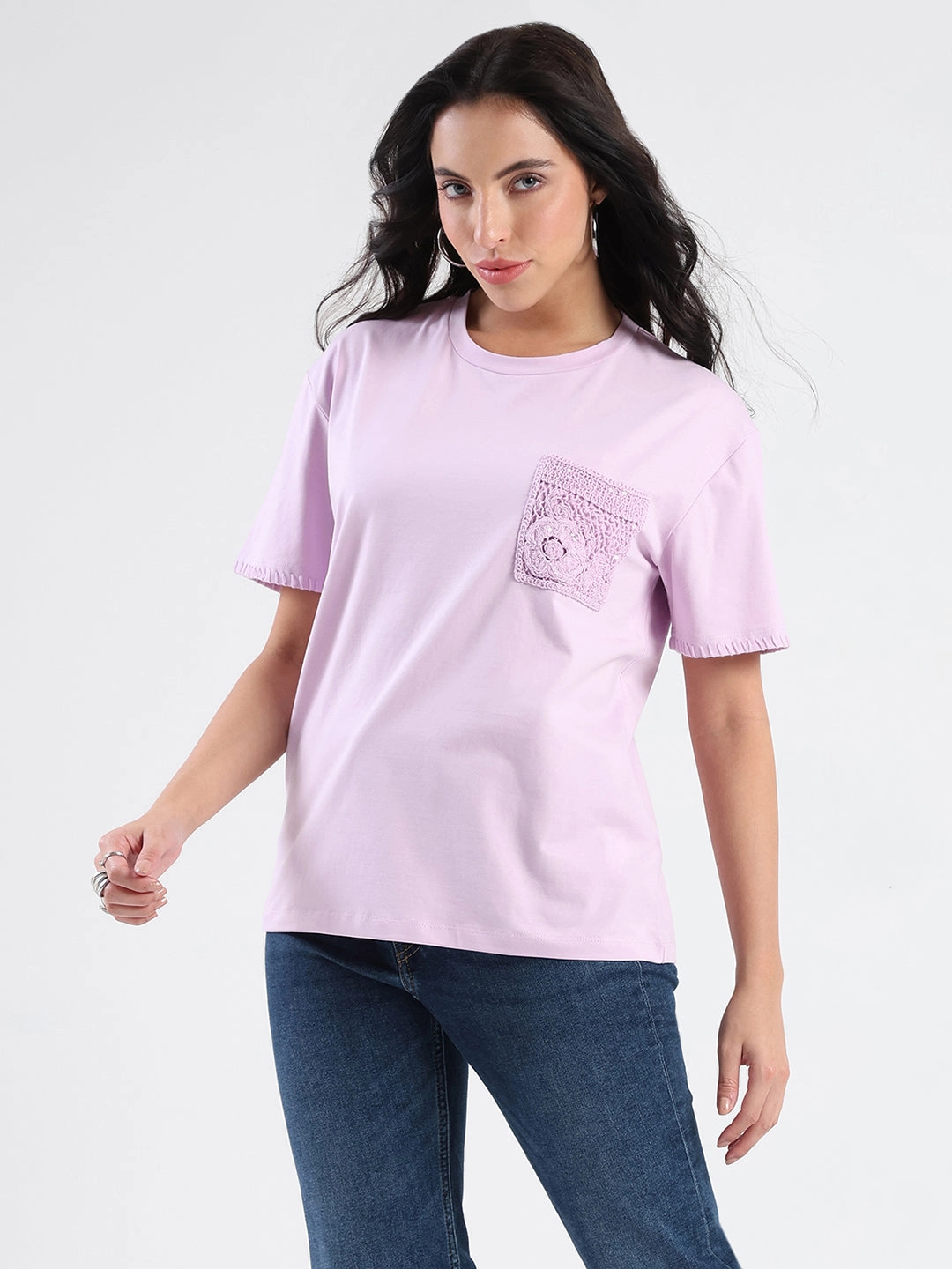 Wrinkle-Free Madame Pocket Detailed Solid Mauve Cotton Blend T-shirt