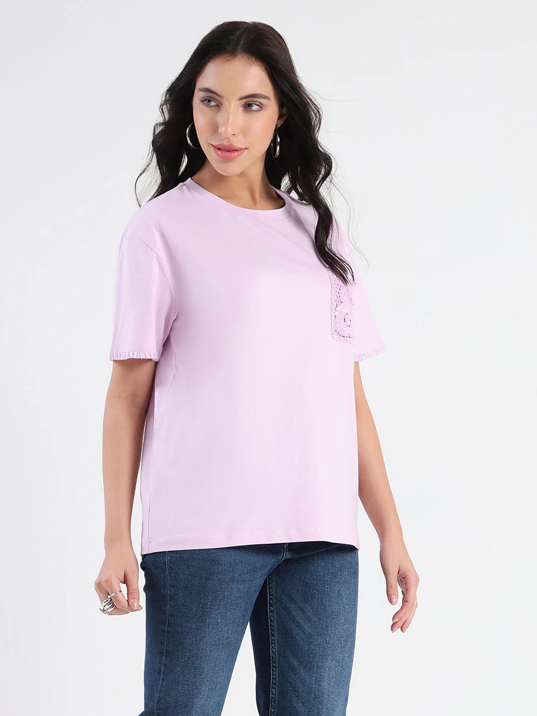 Minimalist Wear Hygroscopic Fiber Madame Pocket Detailed Solid Mauve Cotton Blend T-shirt