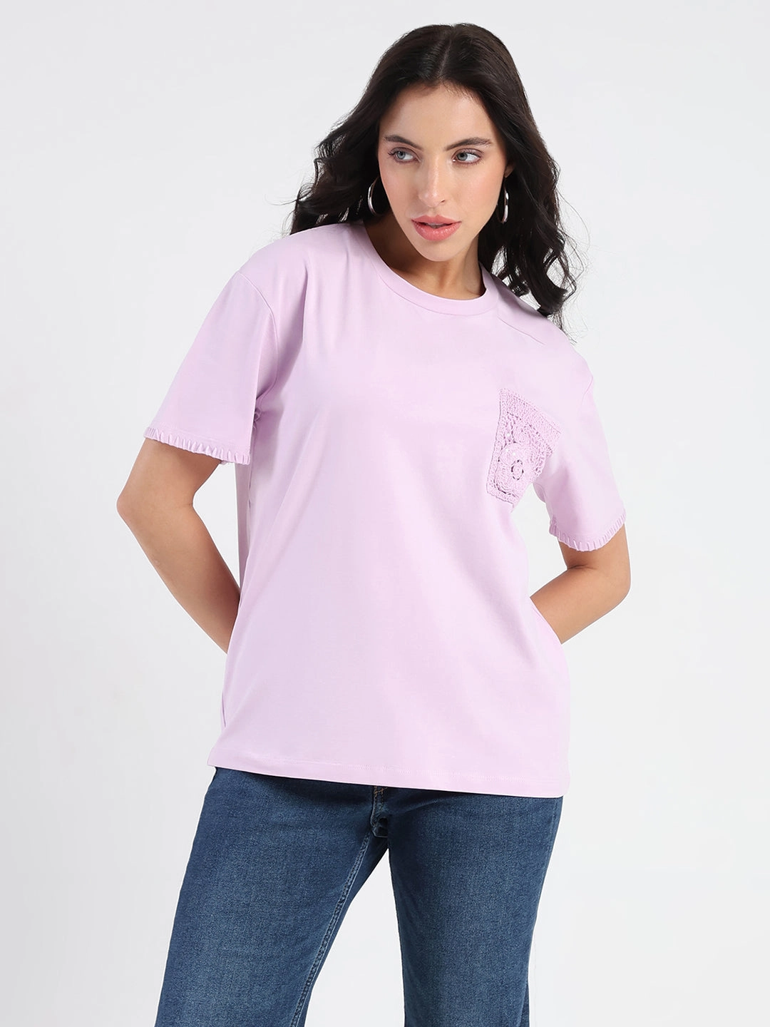 Recycled Polyester Madame Pocket Detailed Solid Mauve Cotton Blend T-shirt
